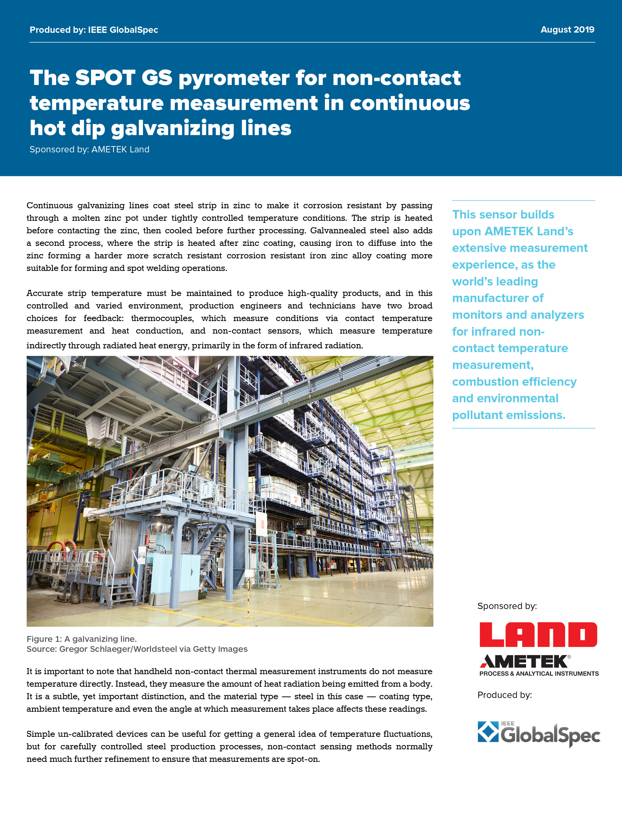 AMETEK Land Reveals How Manufacturers Can Use The SPOT GS Pyrometer for Non-Contact Temperature Measurement in Continuous Hot Dip Galvanizing Lines