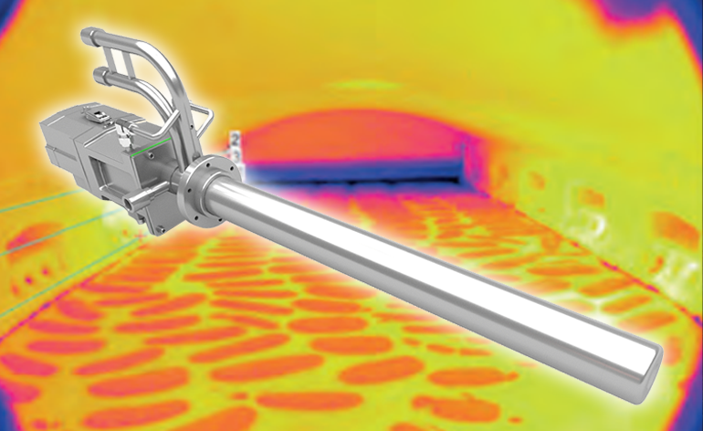 An Image of AMETEK Lands Near Infrared Borescope on top of a thermal image of a container glass furnace.
